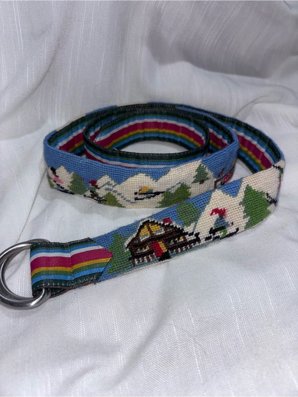 L.L. Bean Blue Needlepoint Ski Lodge Belt with Rainbow Stripe